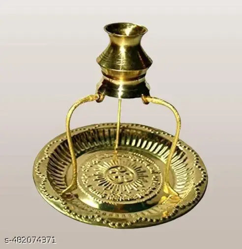 Brass Pooja Plate Thali With Shivling Stand And Abhishek Lota Kalash Brass (Gold) Small (Pack Of 2 Set)