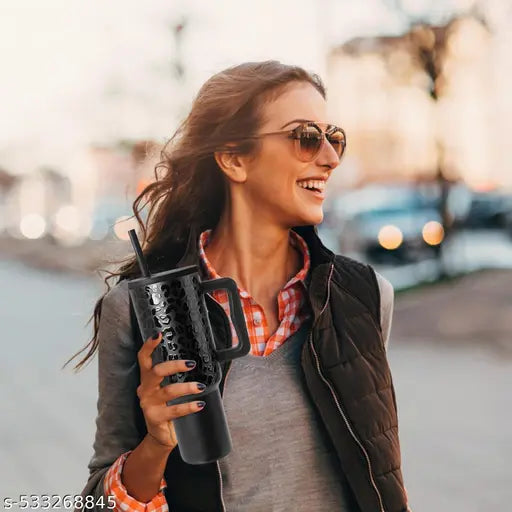 Tumbler with lid and Straw 1200ML Cup Stainless Steel Vacuum Insulated Tumbler for Water, Iced Tea or Coffee 1.2L Office Gym Travelling (40-Oz-Leapard Black)