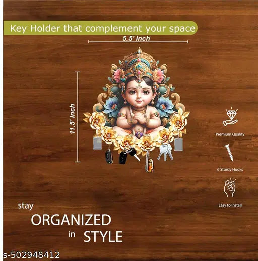 Kalasagar Premium Little Krishna Wooden Wall Key Holder, Key Hanger for Living Room | Home Decor | Office Gift Items - 11.5' x 9' Inch Multi, (Pack of 1)