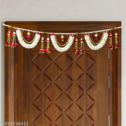 Artificial Jasmine & Red Flower Toran Bandarwal | Decorative Door Hanging with Beads & Bells