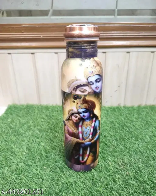 Pure Copper "Radha Krishna Meena multicololr Printed Premium Jointless Copper Bottle - 1000 ml | Handcrafted Elegance for Health and Style" SIZE : 10 X 3 INCHES