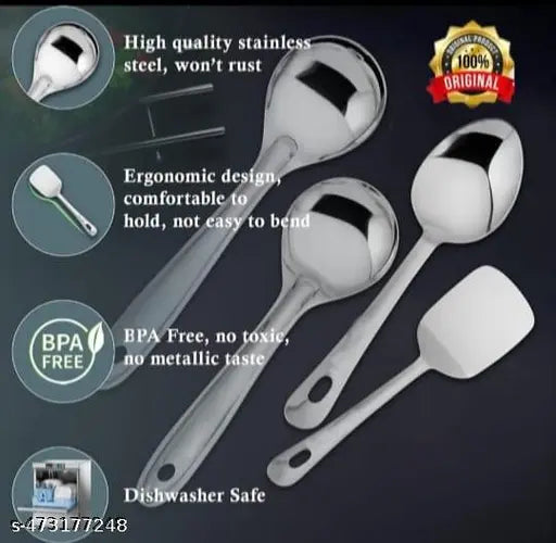 Stainless Steel Kitchen Tools Set for Kitchen Cooking and Serving, Pack of 4, Serving Spoon, Turner/Spatula (Palta), Basting and Rice Spoon, Silver