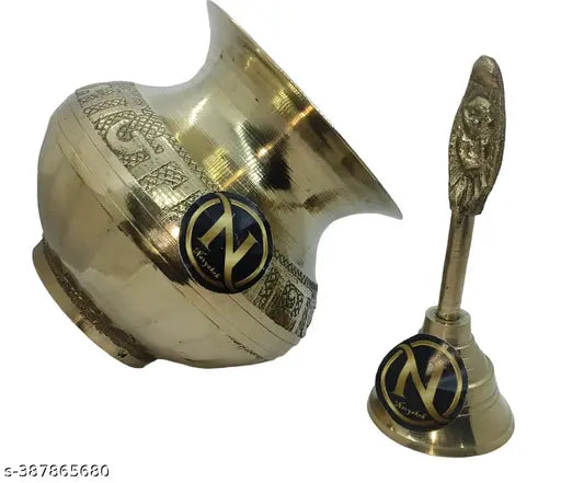 Combo of Round Head Pooja Puja Bell Ghanti with Kalash Lota Brass Kalash (Gold)