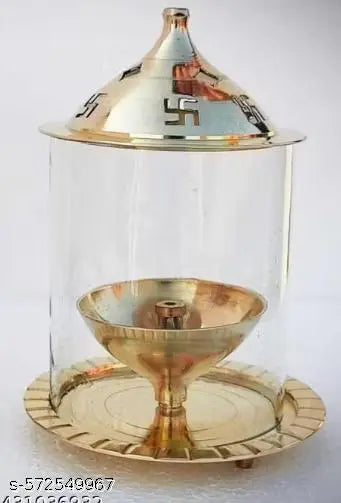 Brass Pooja Diya for Puja & Religious Rituals with Borosilicate Glass Cover for Home,Office & Temple | Traditional Gifting