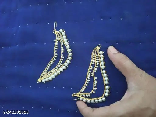 1 one gram gold Polish 22k Plated Temple Multicolor Jewellery Bahubali Brass Copper Earrings Chain White pearl Studded Kan chain south indian Champaswaralu Matilu Earrings For Women wedding bridal Set kaan Hair Accessory Alloy Jhumki Earring Chain Clip on