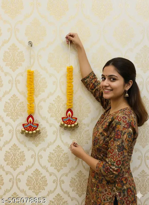 Handcrafted Diya Hanging, Wall Decor, Illuminate Your Diwali Decor with Ethereal Elegance. Perfect for Side Doors, Walls, or as Festive Wooden Decor (Size 30 Inches) Pack of 2