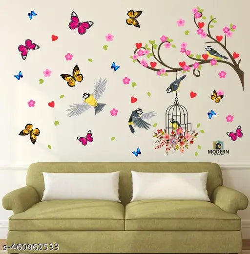 118 CM x 30 CM  Modern Creations PVC- Self Adhesive Decorative Floral Bird Cage Butterflies Lamp Wall Sticker Anti Oil, Waterproof