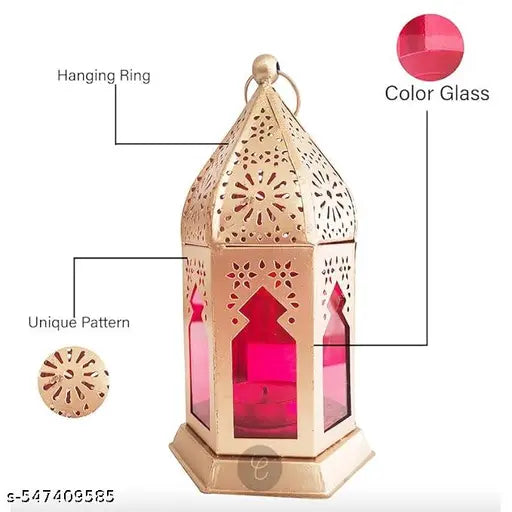 Iron Decorative Moksha Hanging Lantern Tealight Candle Holder (Golden, Red)Morrocan Iron Lantern Tealight Candle Holder with Red Colour Glass for Home Decor