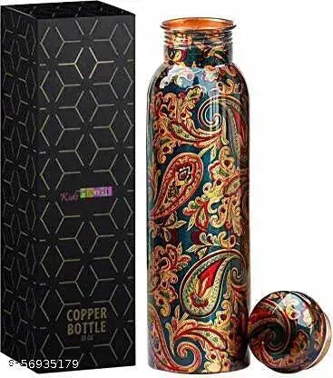 Mundal Pure Copper Water Bottle - Reusable Hand Printed Bottles | Perfect Ayurvedic Copper Vessel for Sports, Fitness, Yoga, Natural Health Benefits (Floral Indian Green)