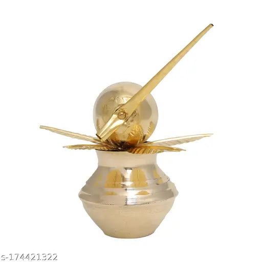 Real Craft Mangal Kalash with Brass Nariyal and Leafs | for Diwali Pooja Metallic Coconut Mango Leaves (7cm x 7cm x 10 cm),Small Size,Pack of 1