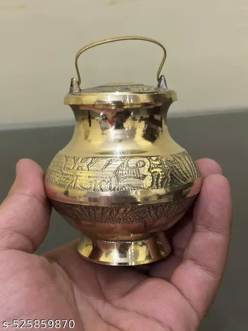 Brass Gangajali Kalash with Engraved Design and Handle, Traditional Indian Vessel