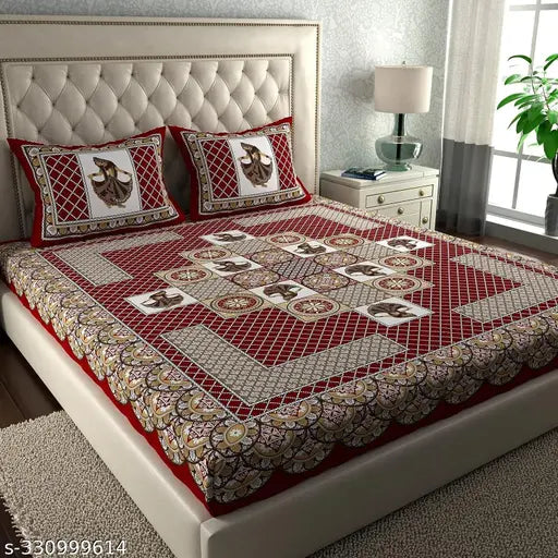 Pure Cotton Rajasthani Jaipuri Printed Double Bedsheet Size Bedsheet for Double Bed with 2 Pillow Cover- Red