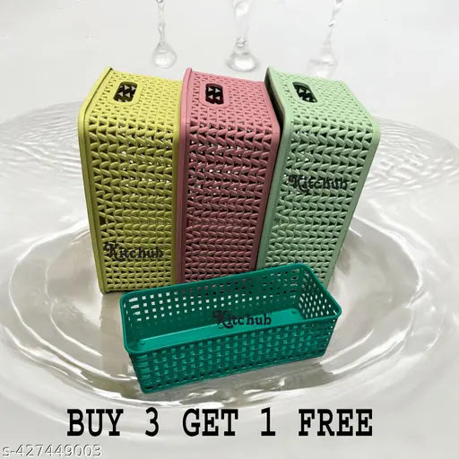 Unbreakable 4 Pieces Plastic Multipurpose Small Size Flexible Storage Baskets/Fruit Vegetable Bathroom Stationary Home Basket with Handles,Multi 0064