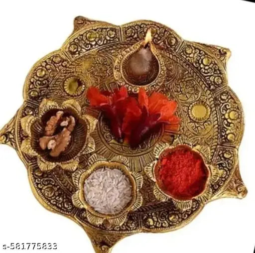 Big Size - Antique Gold Plated Pooja Thali Set ,Kumkum, Rice & Diya Holders