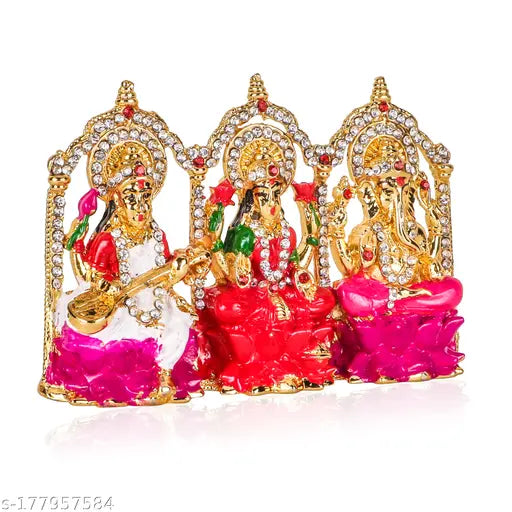 Lord Laxmi Ganesha Sarswati Idol | Laxmi Ganesha Sarswati Ashirwad Idol Metal Statue for Car Dashboard | Mandir Pooja Murti | Temple Puja | Diwali Puja | Home Decor | Office Showpiece