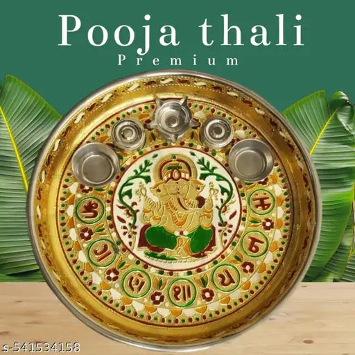 GANESH PRINTED POOJA THALI Decorative Pooja thali/Ornate Embellished Pooja Plate/Traditional aarti thali/Decorated Pooja Tray/Indian Pooja thali with diyas/Puja thali Set with Incense Holder (10 inch)
