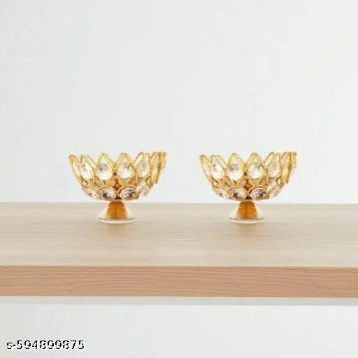 HUZUR JI Brass Oil Diya Lamp Pooja Article | Lotus Style Crystal Lamp Set of 2 Brass, Crystal (Pack of 2) Table Diya Set (Height: 2.5 inch)