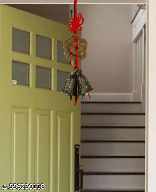 Fengshui Vastu Lucky Brass Hanging 2 Bell Six Coins Main Entrance Door Hanging for Home Office Wealth Prosperity Spiritual Decor