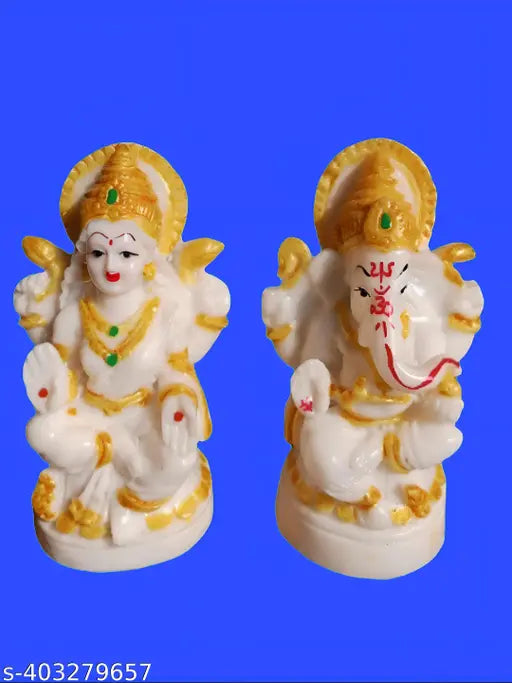 MARBLE FINISH LORD LAXMI GANESH MURTI IDOL /STATUE FOR DECOR POOJA ROOM CAR DASH BOARD TABLE/ GOLDEN COLOUR - (4INCH SIZE) DIWALI GIFT