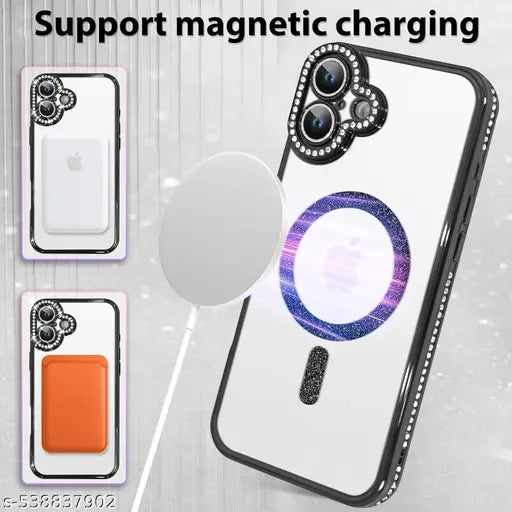 Rakulo Store Clear Magnetic Diamonds Glitter Case for iPhone 16 Plus Case with Full Camera Protection Rhinestone Luxury Plating Bling Transparent Shockproof for Magsaf Women Girls Cute Phone Case (Black)