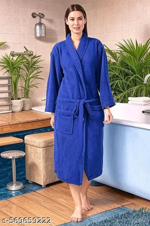 WOMEN BATH ROBE FULL SLEEVE COTTON BATHROBE | SOFT, LIGHT, COMPACT & HIGHLY WATER ABSORBENT | IDEAL FOR BIRTHDAY/ANNIVERSARY/DIWALI/COUPLE/WEDDING GIFT | 250 GSM  ROYAL BLUE