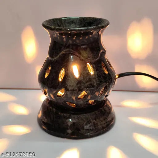 Luxantra Handcrafted Ceramic Aroma Diffuser Electric Oil Burner | Night Lamp Light | Aroma Oil Diffuser for Home office spa with Aroma Oils, Black Color (Mogra and Lemongrass Fragrance of 10ml Each) 9x9x11cm