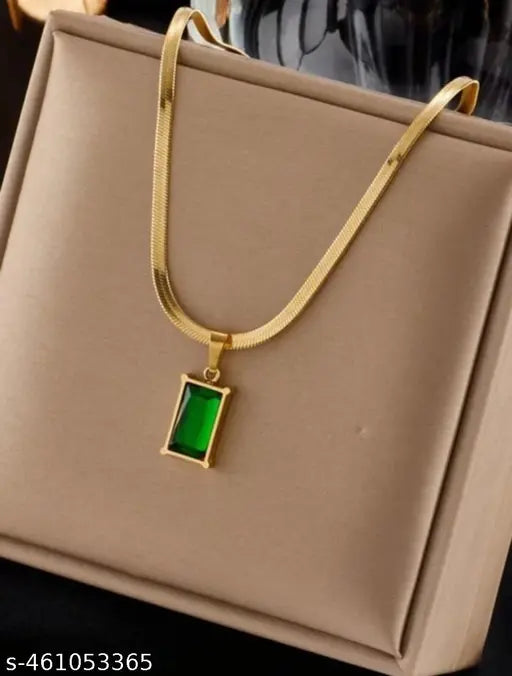 Gold Plated Stainless steel Cubic Zirconia pendant Green Emerald Anti-Tarnish Gold Plated Stainless Steel Flat Snake Chain Necklace Green Waterproof Chain Layering Pendant | Gifts for Women and Girls