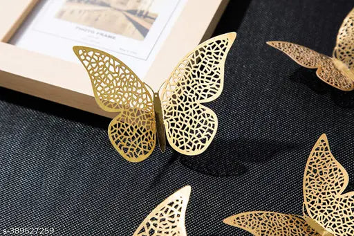 12pcs 3D Gorgeous Shiny Gold Butterflys Stickers with Sticking Pads- (Golden, Set of 12)