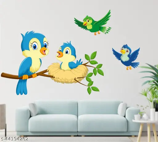 Heaven Decors Bird Baby On Tree Branch With Flying Birds Sticker For Kids ( PVC Vinyl Size -59cm x 45cm )