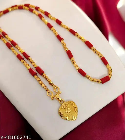 One Gram Gold Plated  Corel Red Green Beads Necklace Chain Mala With Doller Heart Pendent 28 Inch Long For Women