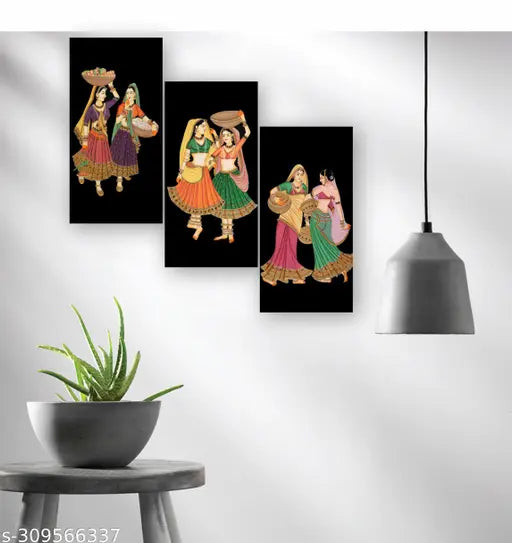 WALLMAX Set of 3 Rajasthani Woomen Painting UV Textured Wall Painting 12 Inch x 18 Inch Painting