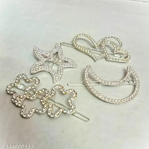 MYSTEVVA Korean Fashion Style Pearl Rhinestone Zarkan work Metal Hair Clips Hair Pin Stylish Hair Accessories Jewellery For Women's And Girls (Pack Of 4), SILVER