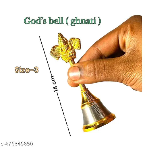 Pack of 4 Brass Diya, Dhoop Dani,Akhand Diya joyti and Pooja Bell (Ghanti) Premium Quality Brass