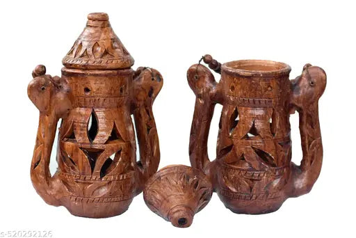 Saanchi Handcrafted Clay Lanterns Pack of 2 – 12-Inch Brown Decorative Lanterns for Home Décor, Festive Lighting, and Gifting