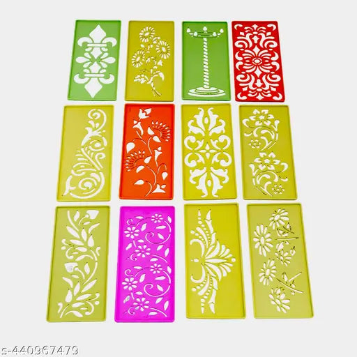CRAFTAM Different Design Ready to Draw Rangoli Making Stencils, Rangoli Plastic Stencils for Floor Decoration (Set of 12, Size 7x3 Inch)
