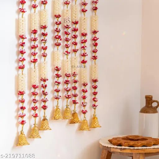 Bellu Hanging Latkan for Party, Wedding, Room, Home, Main Door ,Diwali Decoration Items,RedWhtkushiBellMogra Pack of 6 Strings