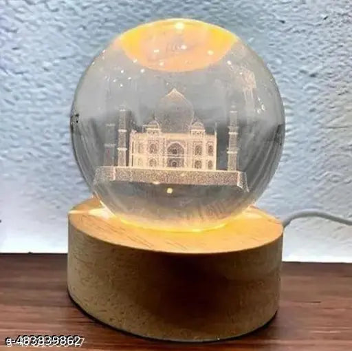 3D Taj Mahal Crystal Ball USB Night Light, 6 CM Glass Ball Night Lamp with Woodern Base, Decorations Gifts for Men & Women Meditation or Relaxation #HR ENTERPRISES