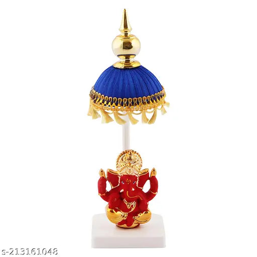 SAMARTH HANDICRAFTRed Marble Ganjesha ji on sitting position with Blue Chhatri with yellow chhalar