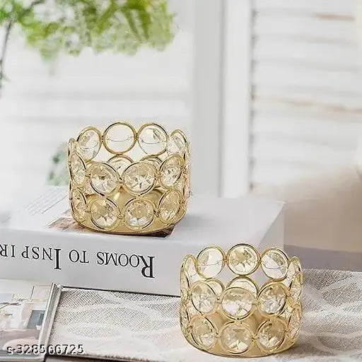 Universal Creation Metal Crystal Candle Holder For Home and festive Decoration | Small Tealight Candle Holder For Table top Decoration for Indoor & outdoor Set of 2