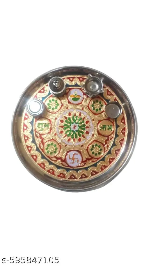 Decorative Pooja thali/Ornate Embellished Pooja Plate/Traditional aarti thali/Decorated Pooja Tray/Indian Pooja thali with diyas/Puja thali Set with Incense Holder (10 inch)