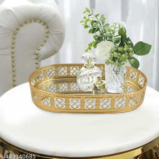 Oval Glass Mirror Gold Plated Serving Tray Decorative Diwali Gifting Vanity Perfume Storage Pooja Wedding Gifting Trays