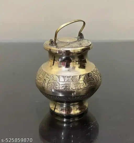 Brass Gangajali Kalash with Engraved Design and Handle, Traditional Indian Vessel