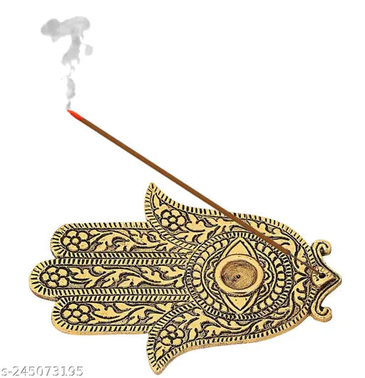 Incense Stick Holder Agarbatti Stand with Ash Catcher | Gold Polish Palm Shape | Made in India