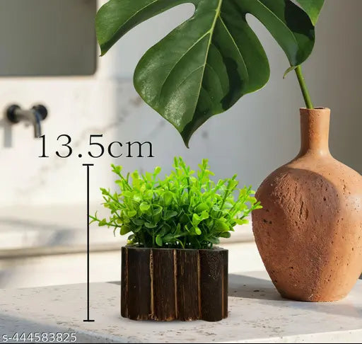 Asharya® Set of 2 Artificial Plants with Pot with Wood Finish Texture – Tabletop Decorative Plants for Home Decor, Office, Living Room, Bedroom & Indoor Outdoor Decor (13.5cm, Green)