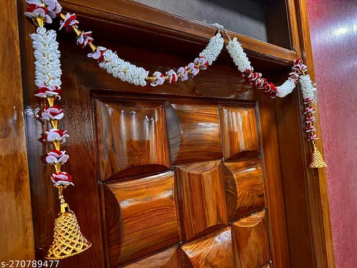 Bellu Hanging Latkan for Party, Wedding, Room, Home, Main Door ,Diwali Decoration Items,RedWhtkushiBellMogra Pack of 2 Strings