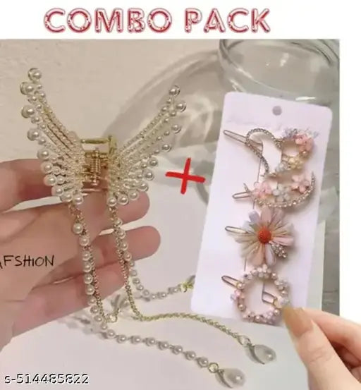 "Trendy Hair Clip Combo Pack with Pearls & Flowers"