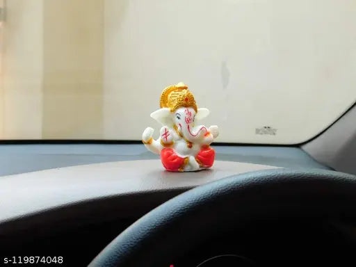 PAYSTORE Exclusive Marble Small Ganesha Idols for Car Dashboard (2.2- x 2.2 Inches - Golden Mukut - Multi coloured)
