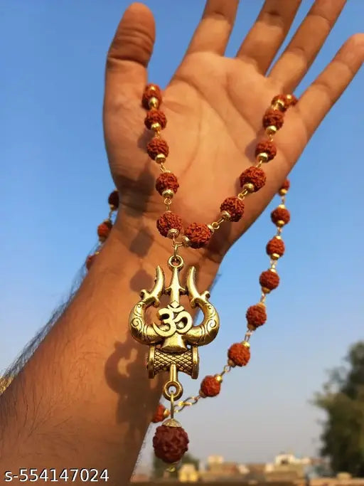 Om Trishul Rudraksh Mala With Panchmukhi rudraksh Gold plated mala shiv bhakt shiv trishul pendant rakhi Gift Brother/ boy