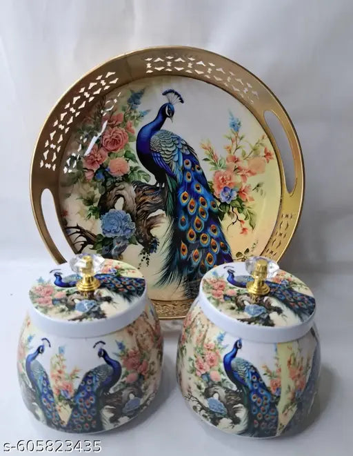 Elegant Peacock Design Tray & Jar