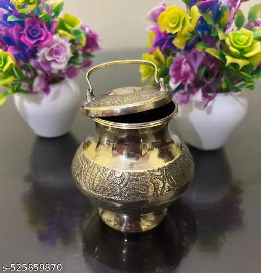 Brass Gangajali Kalash with Engraved Design and Handle, Traditional Indian Vessel